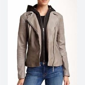SOIA & KYO Grey Black Leather Mixed Materials Hooded Jacket